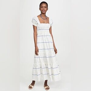 Tory Burch - Smocked White Dress with Blue Stripes